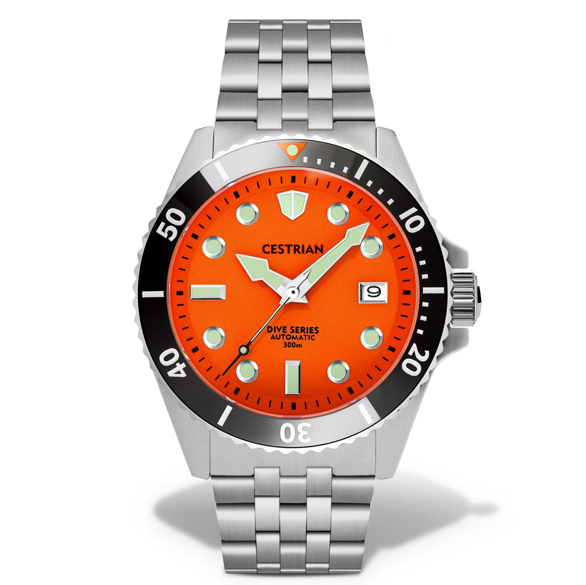 Men's dive watch front view with orange dial, black ceramic bezel, and steel bracelet