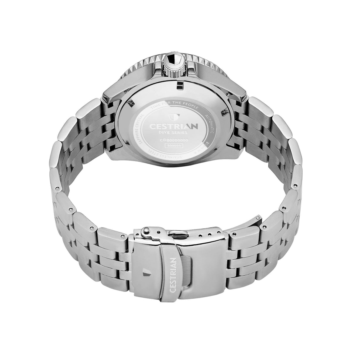 Stainless steel men's dive watch back view with bracelet links and caseback details