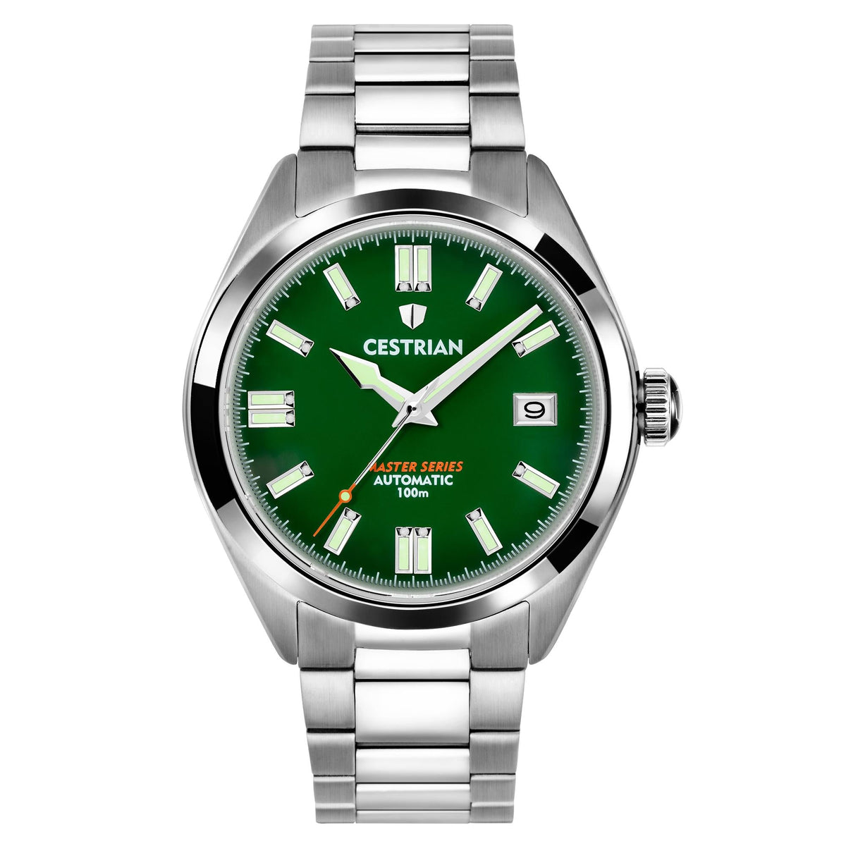 Men's steel bracelet automatic watch with green dial and date, upright front view