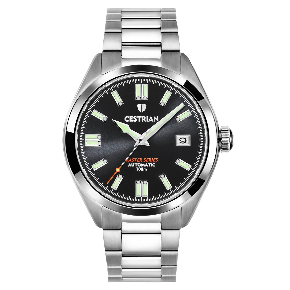 Automatic men's steel bracelet watch with black dial and green luminous indexes