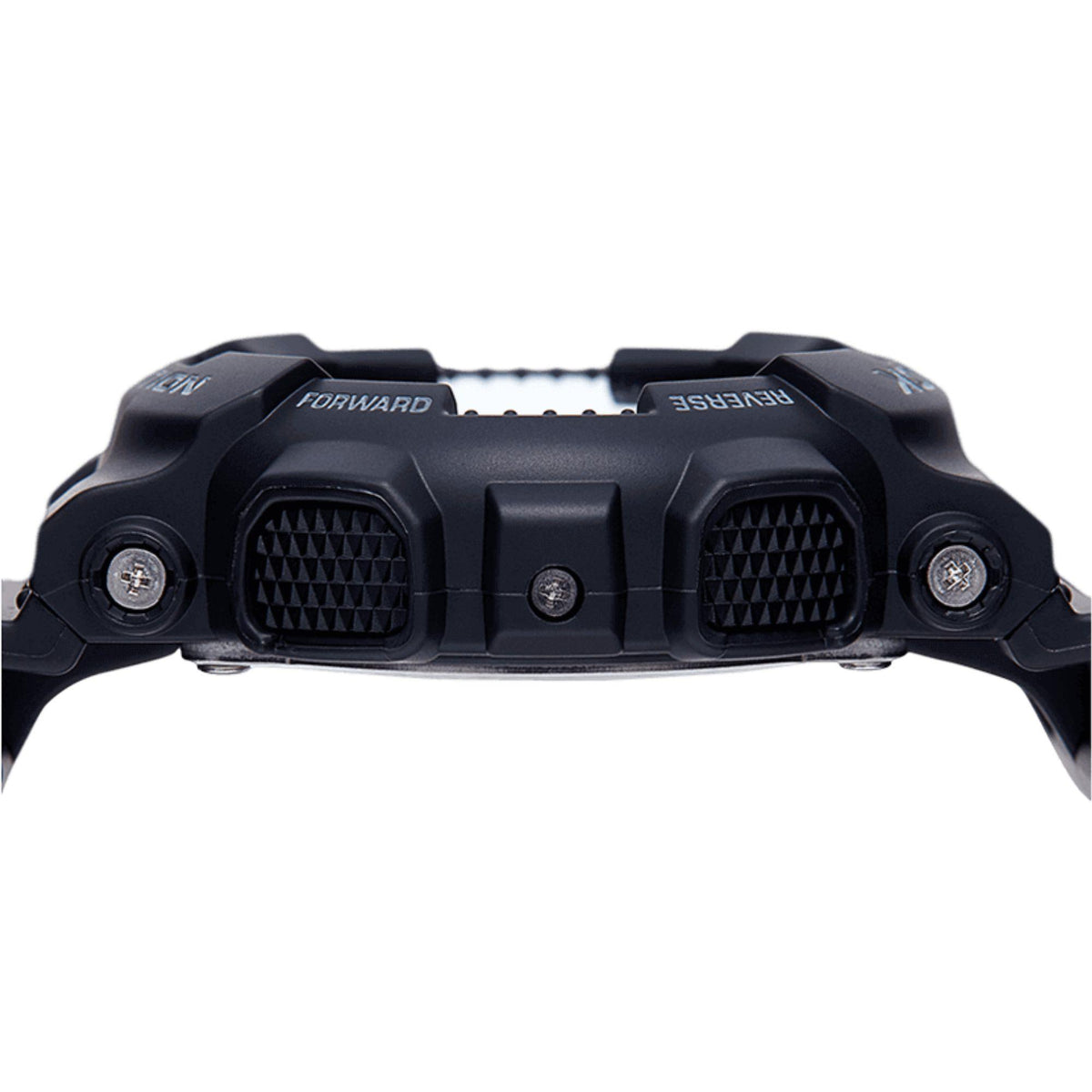 Casio G-Shock watch side view with black textured case and resin strap.