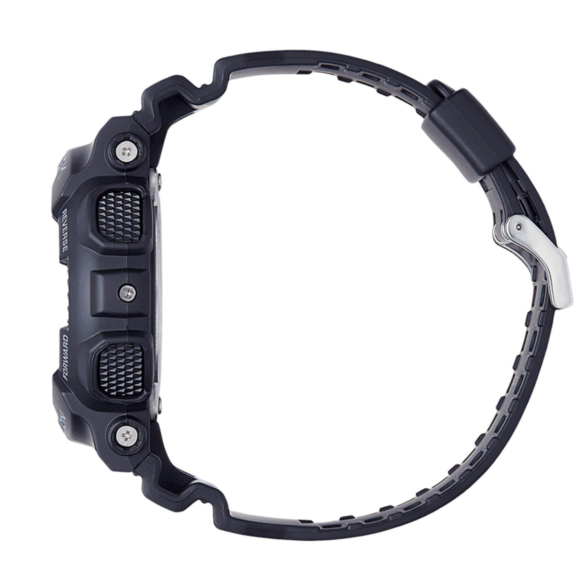 Casio G-Shock watch side profile with black resin strap and silver-tone buckle.