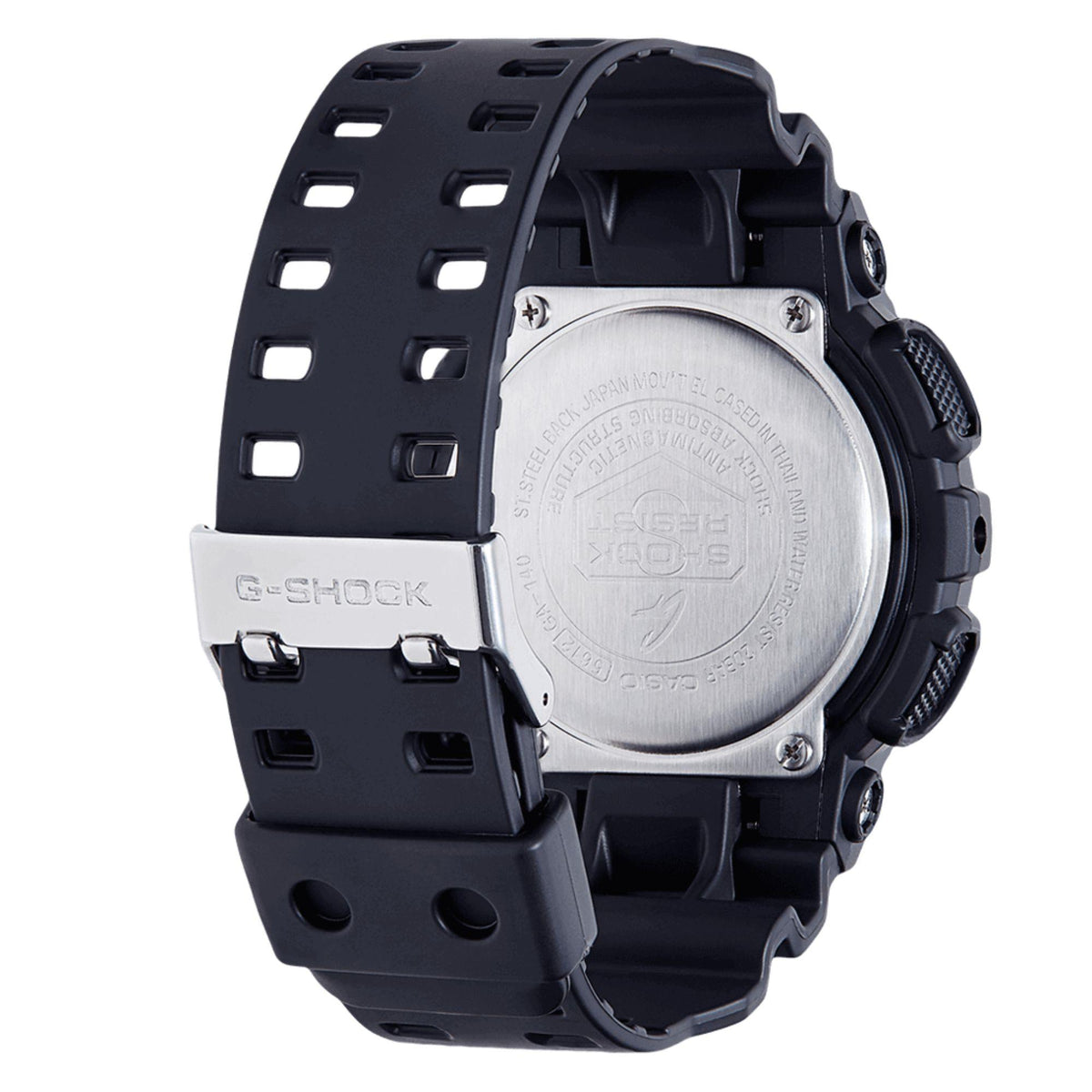 Men's G-Shock wristwatch with black resin strap and black dial, round protective case