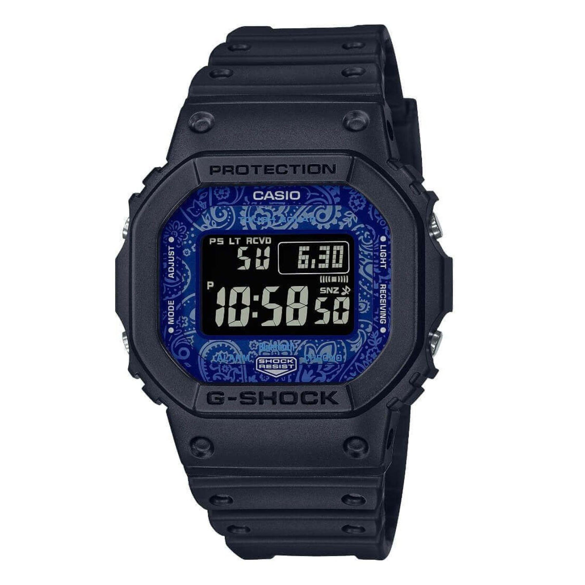 Casio G-Shock radio-controlled watch with blue paisley LCD in a dark resin case and strap
