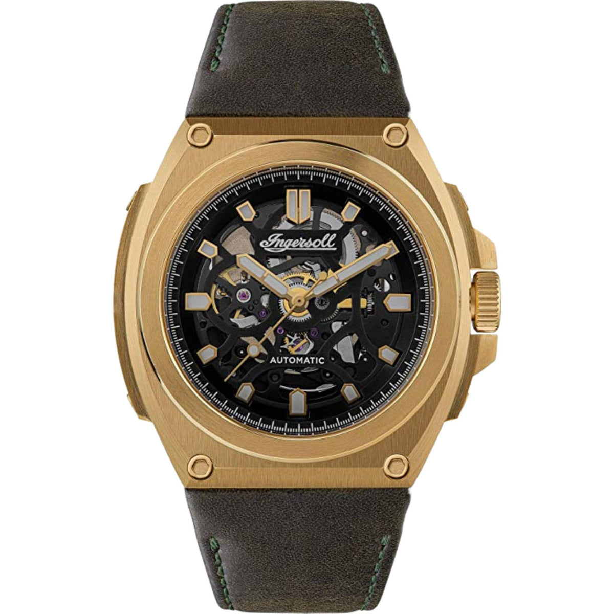 Men's automatic skeleton watch with black dial, gold-tone case, dark olive leather strap