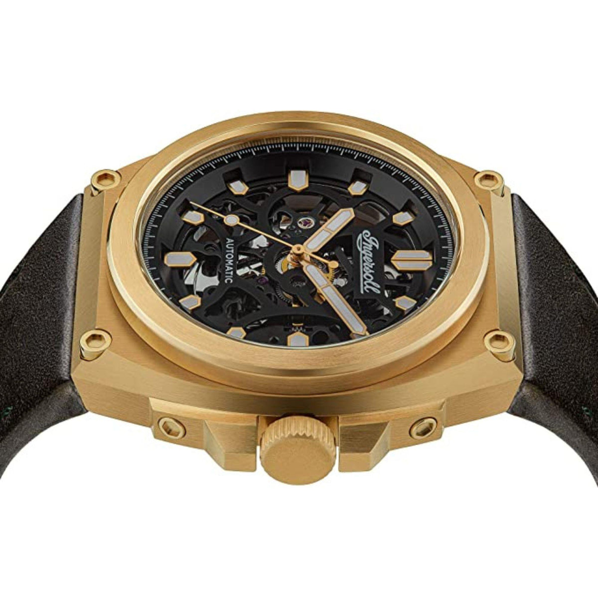 Gold-tone automatic skeleton watch front with black leather strap and openwork dial