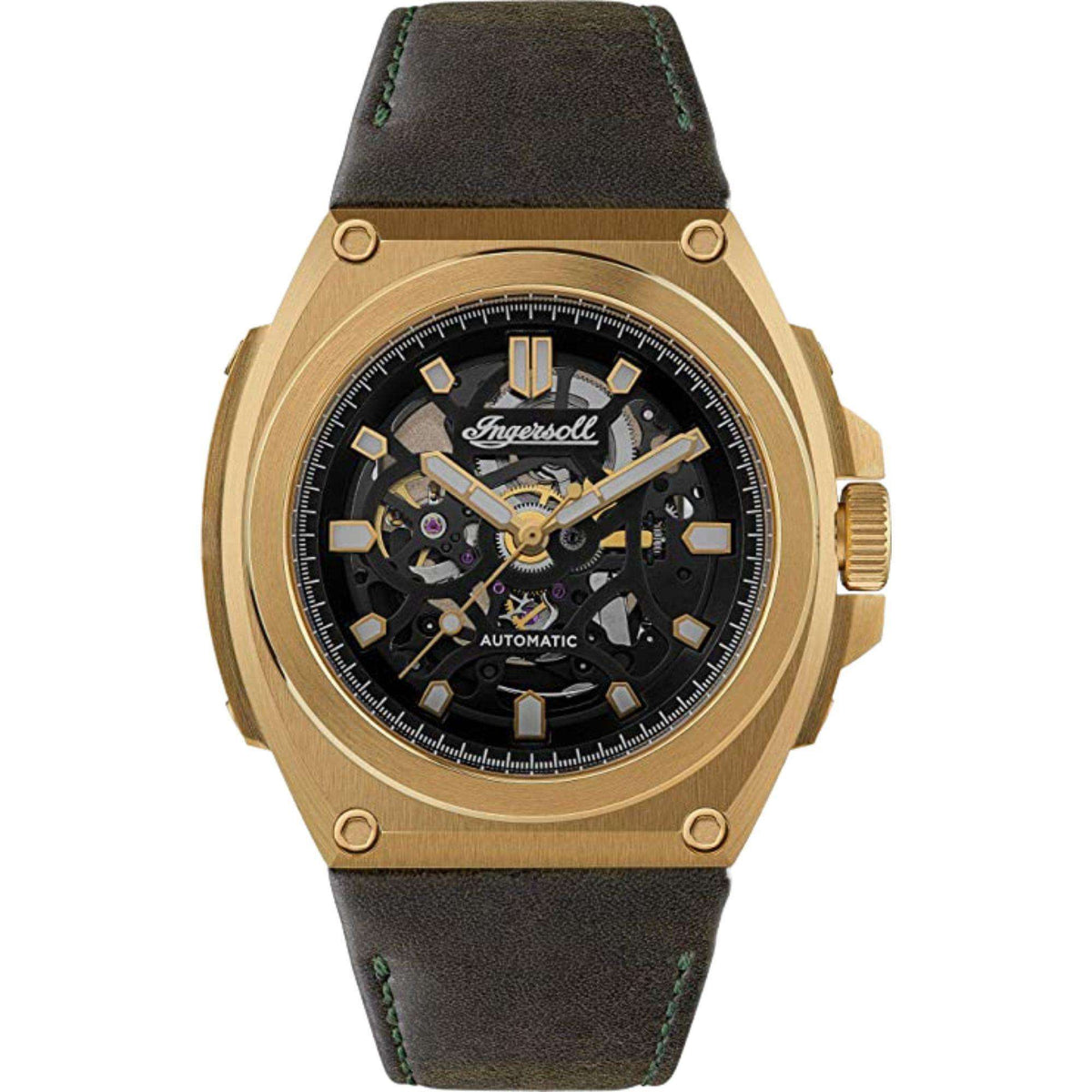 Automatic skeleton watch for men with black dial and dark olive leather strap, gold-tone bezel
