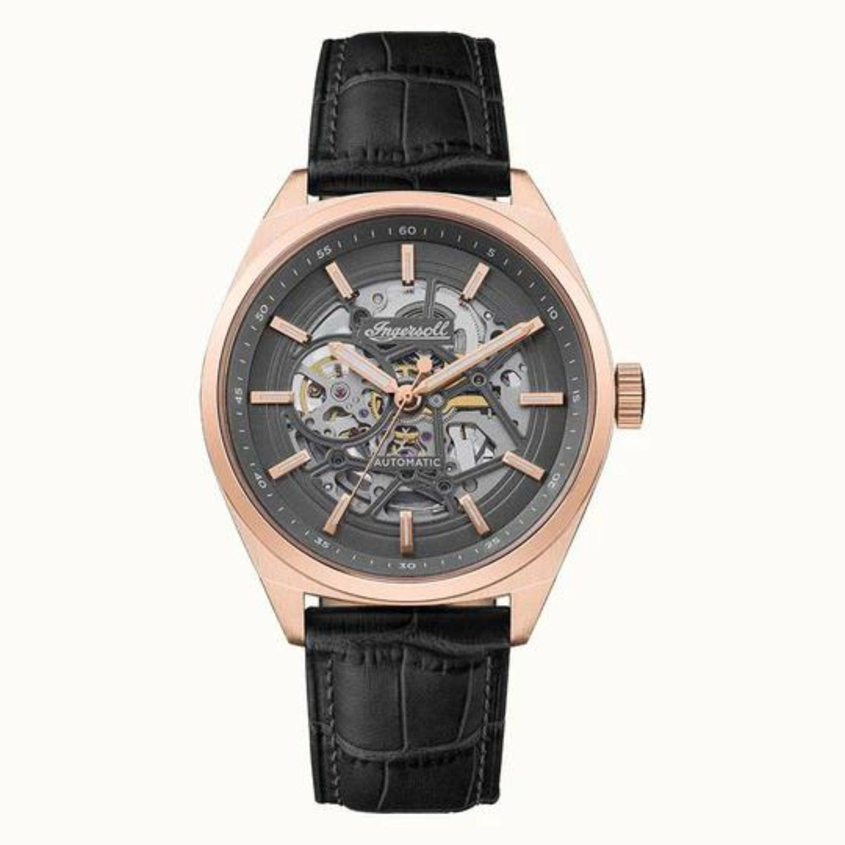 Front view automatic men's watch: rose-gold case, grey skeleton dial, black leather strap