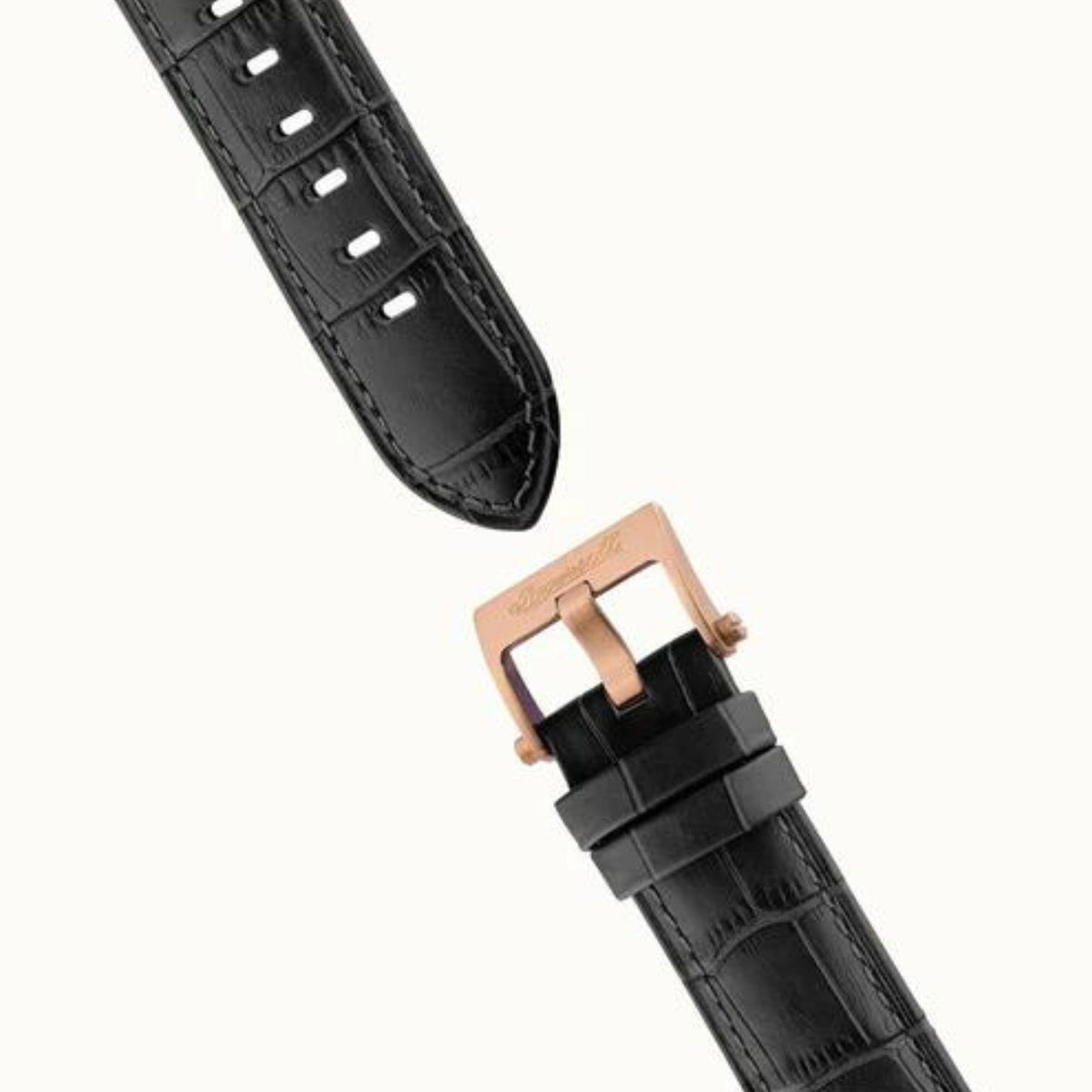 Black leather watch strap end with buckle clasp and rose-gold tone hardware