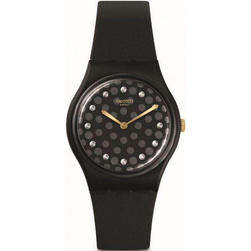 Black Swatch round watch face with dotted pattern and black rubber strap.