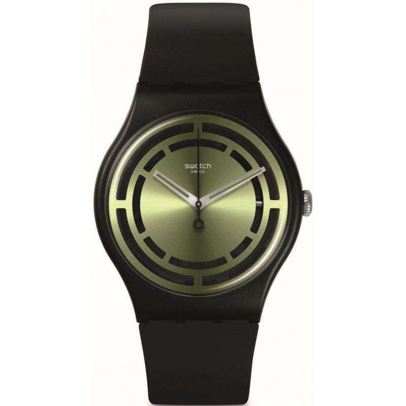 Swatch round watch with olive-green dial and baton markers, black silicone strap
