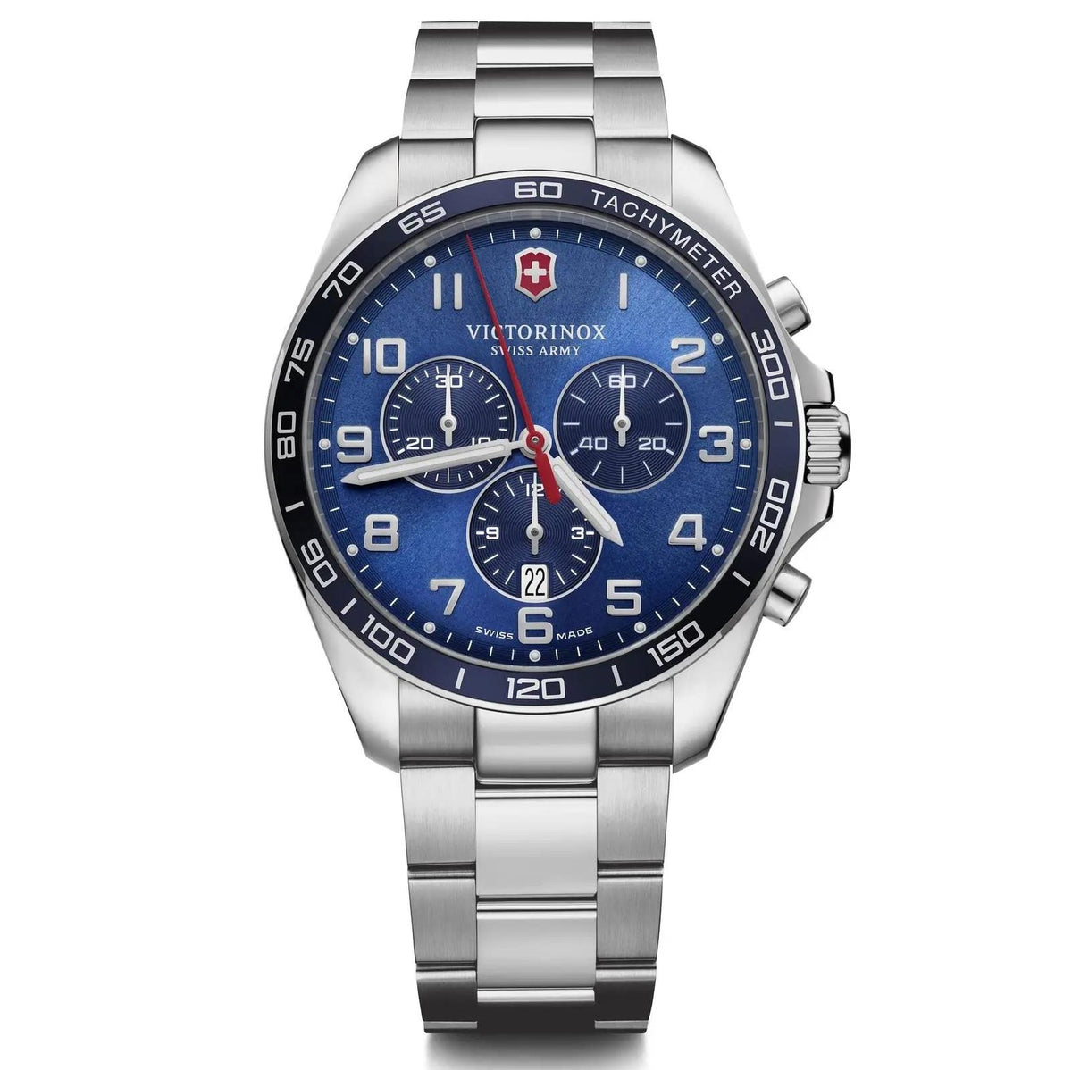 Men's stainless steel chronograph watch with blue dial and tachymeter bezel