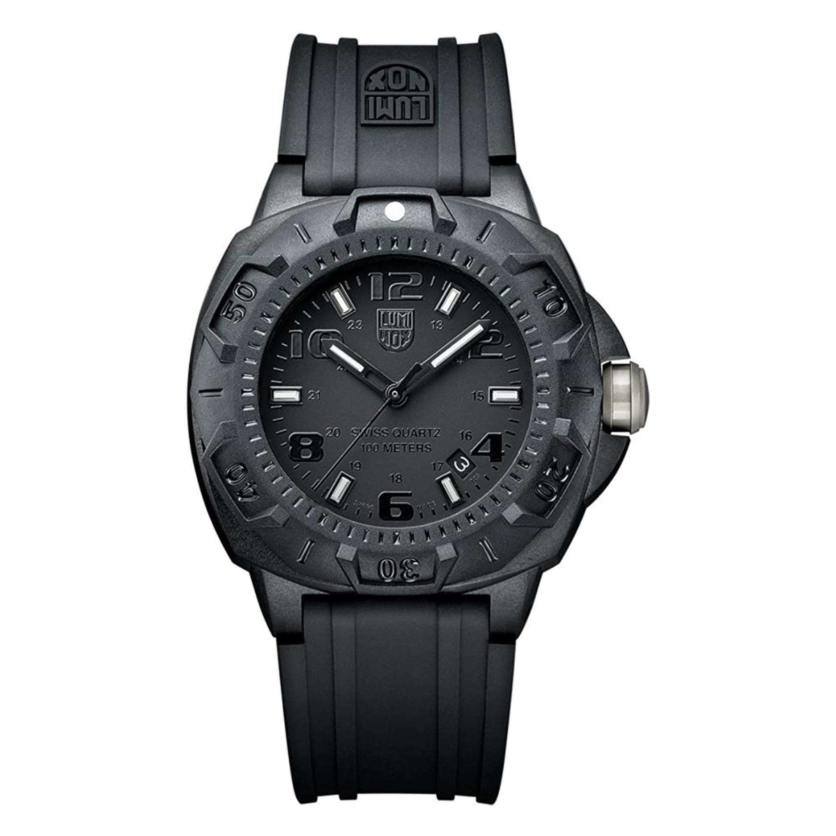 Men's black dial rubber strap watch with black bezel and luminous hour markers