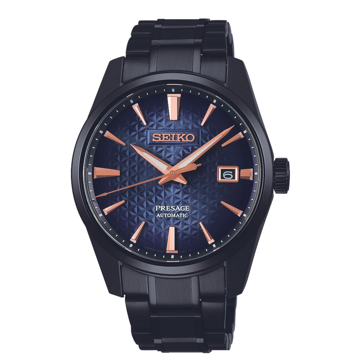 Men's blue dial automatic watch with black bezel and rose-gold hands on black bracelet