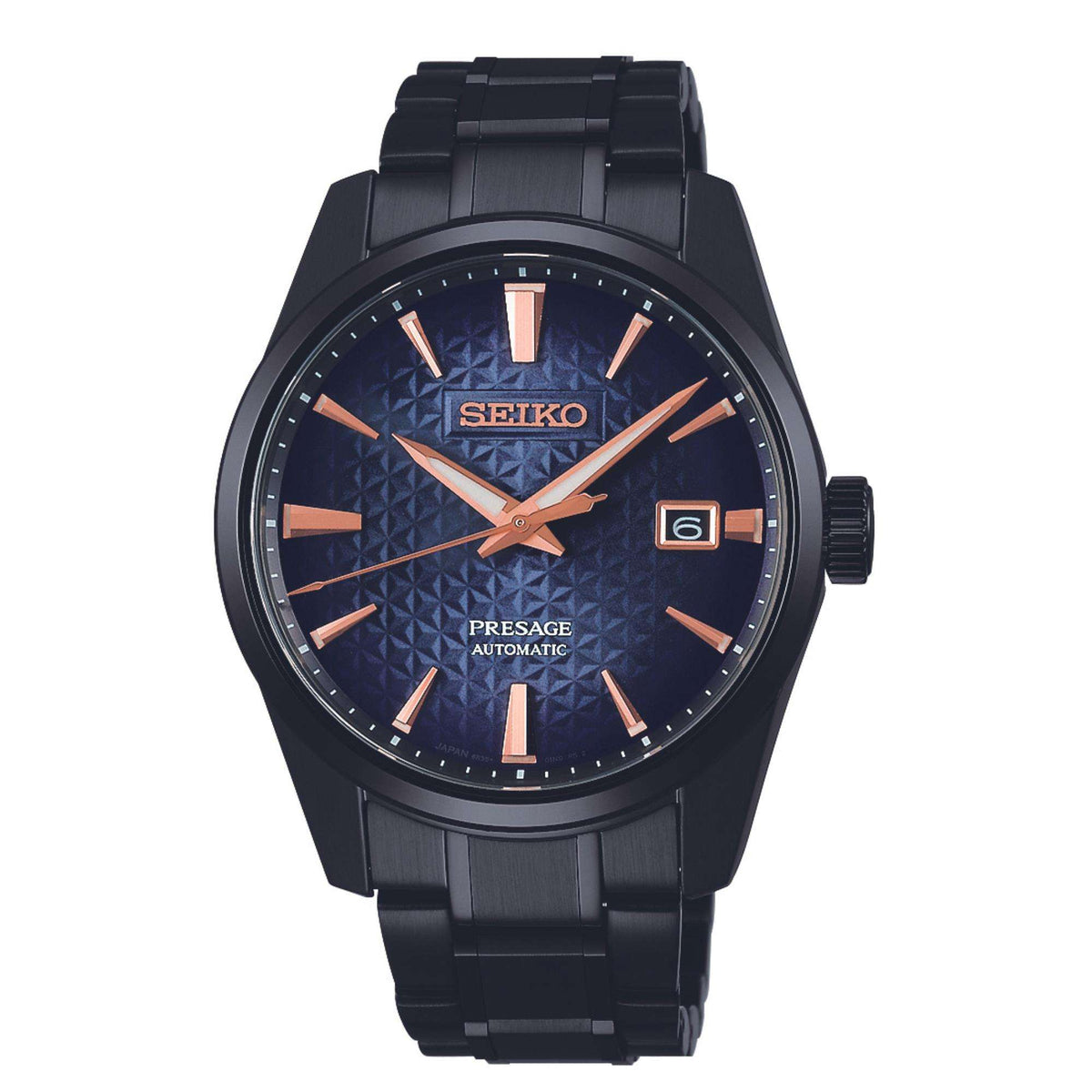 Men's blue dial automatic watch with black link bracelet and side crown button
