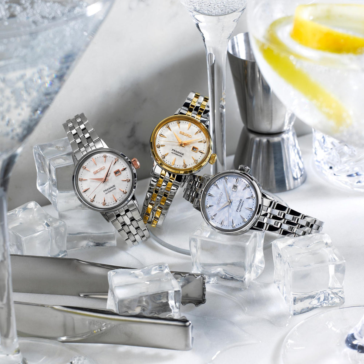 Set of Seiko Presage watches with metal bracelets and light dials