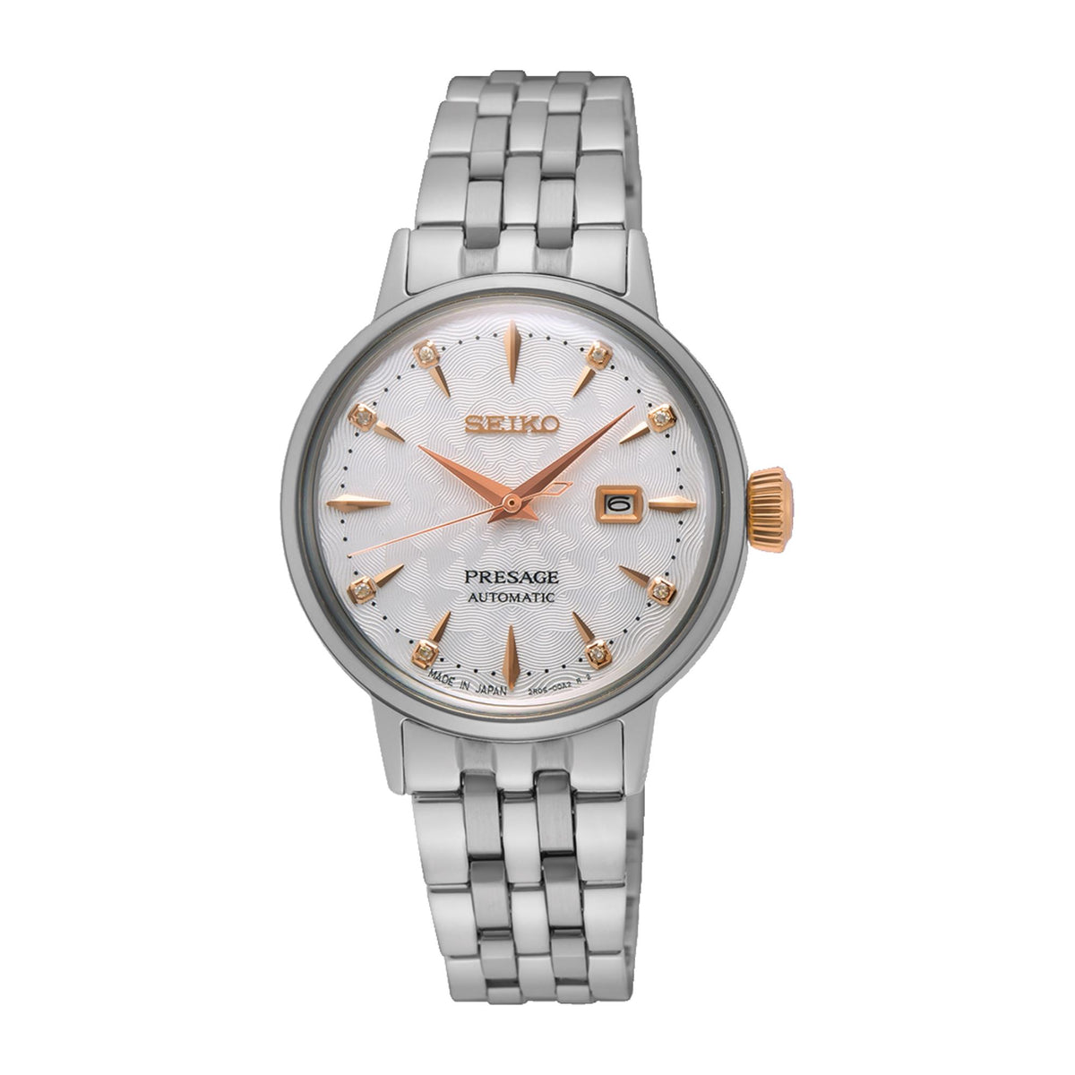 Ladies Seiko Presage automatic wristwatch with white dial, gold hour markers, steel bracelet