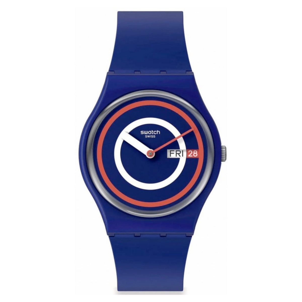 Blue silicone Swatch watch, round bezel dial with red outer ring, white markers, Fri 28