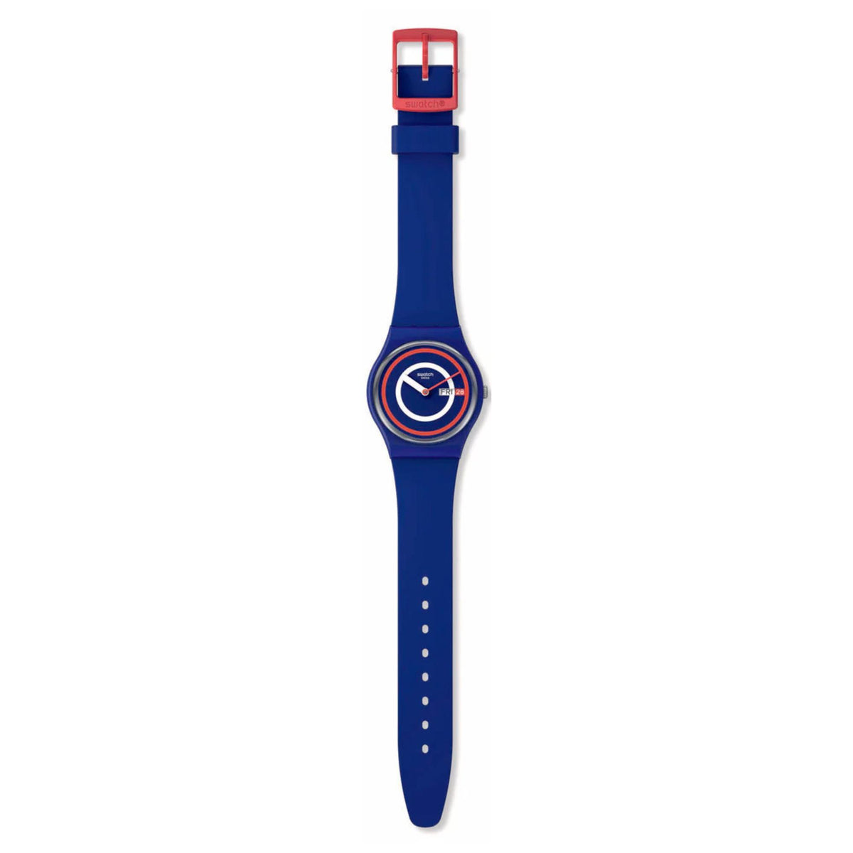 Blue silicone watch with round dial and red/white ring design, Fri 28 date window
