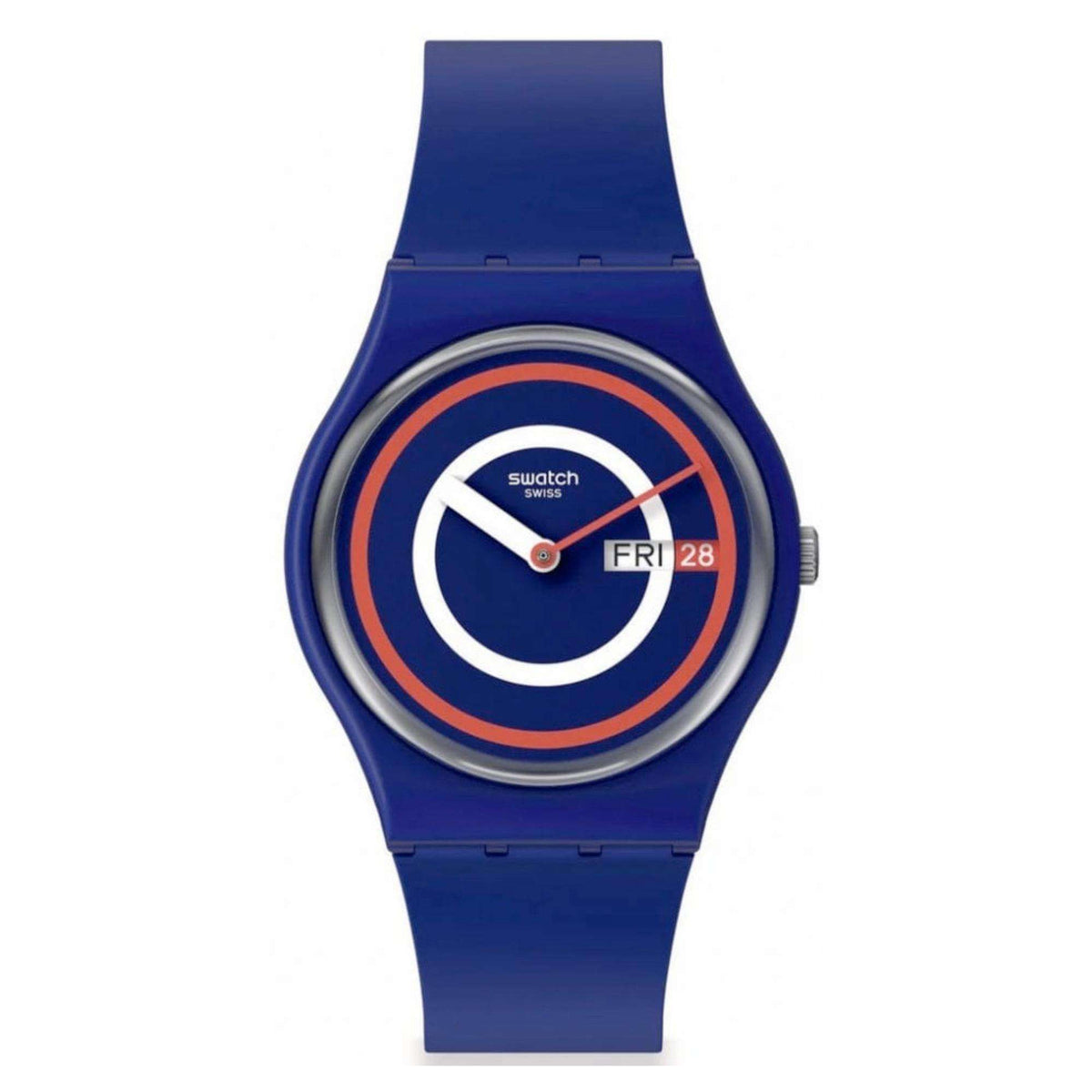 Front view of blue silicone watch with circular dial, red/white ring accents, Fri 28 date