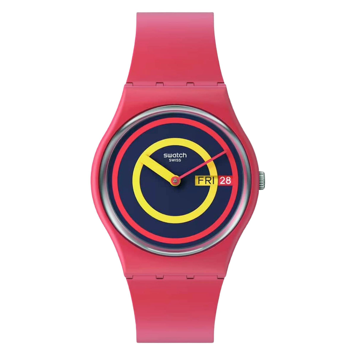 Pink silicone quartz wristwatch with navy dial, yellow rings, and Fri 28 date display.