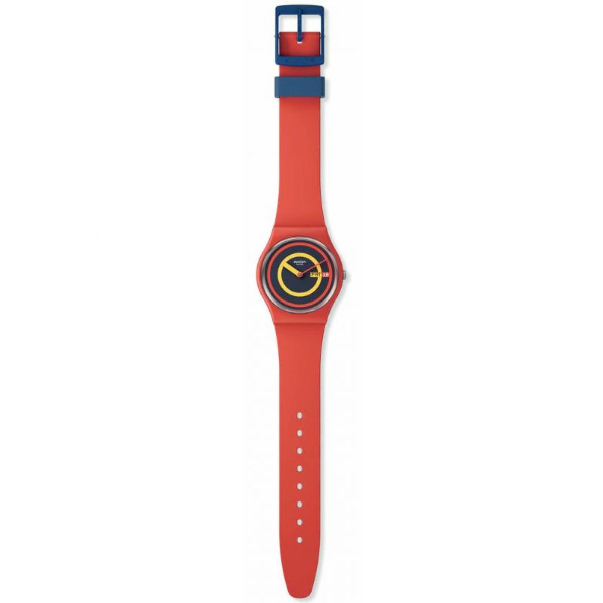 Pink quartz watch shown upright with round dial and red silicone strap.