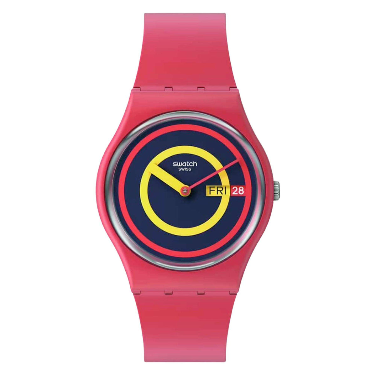 Red-pink silicone quartz wristwatch with navy dial, yellow ring design, and Fri 28 date.