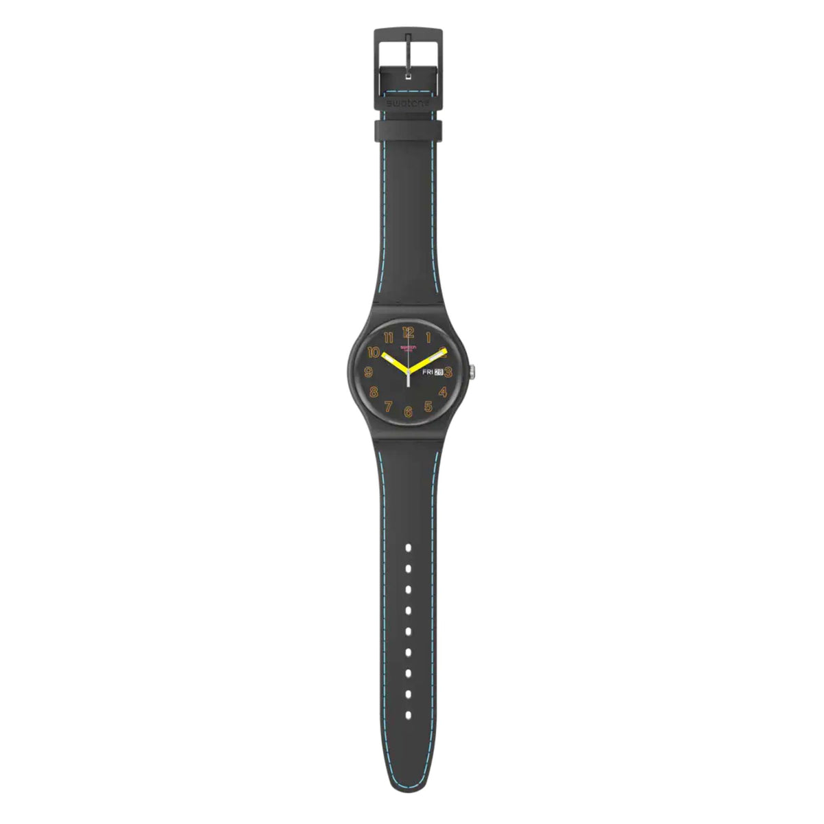 Quartz watch profile with round black face, yellow hands, dark silicone strap with blue stitching