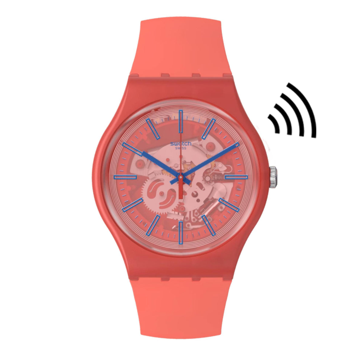 Red Swatch quartz watch with blue hour markers on red silicone strap, front view