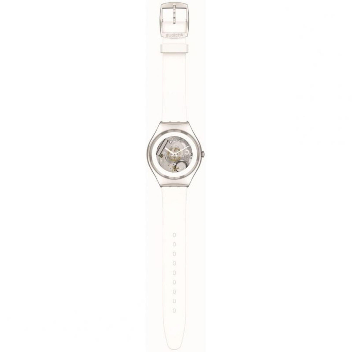 Men's wristwatch with white strap shown vertically, case back and top view