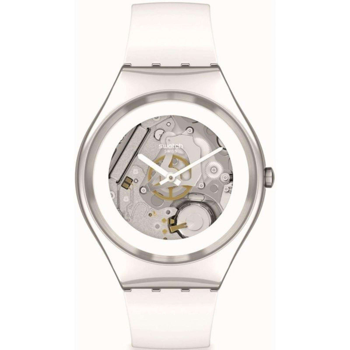 Men's wristwatch front view: white silicone strap, silver bezel, skeleton face