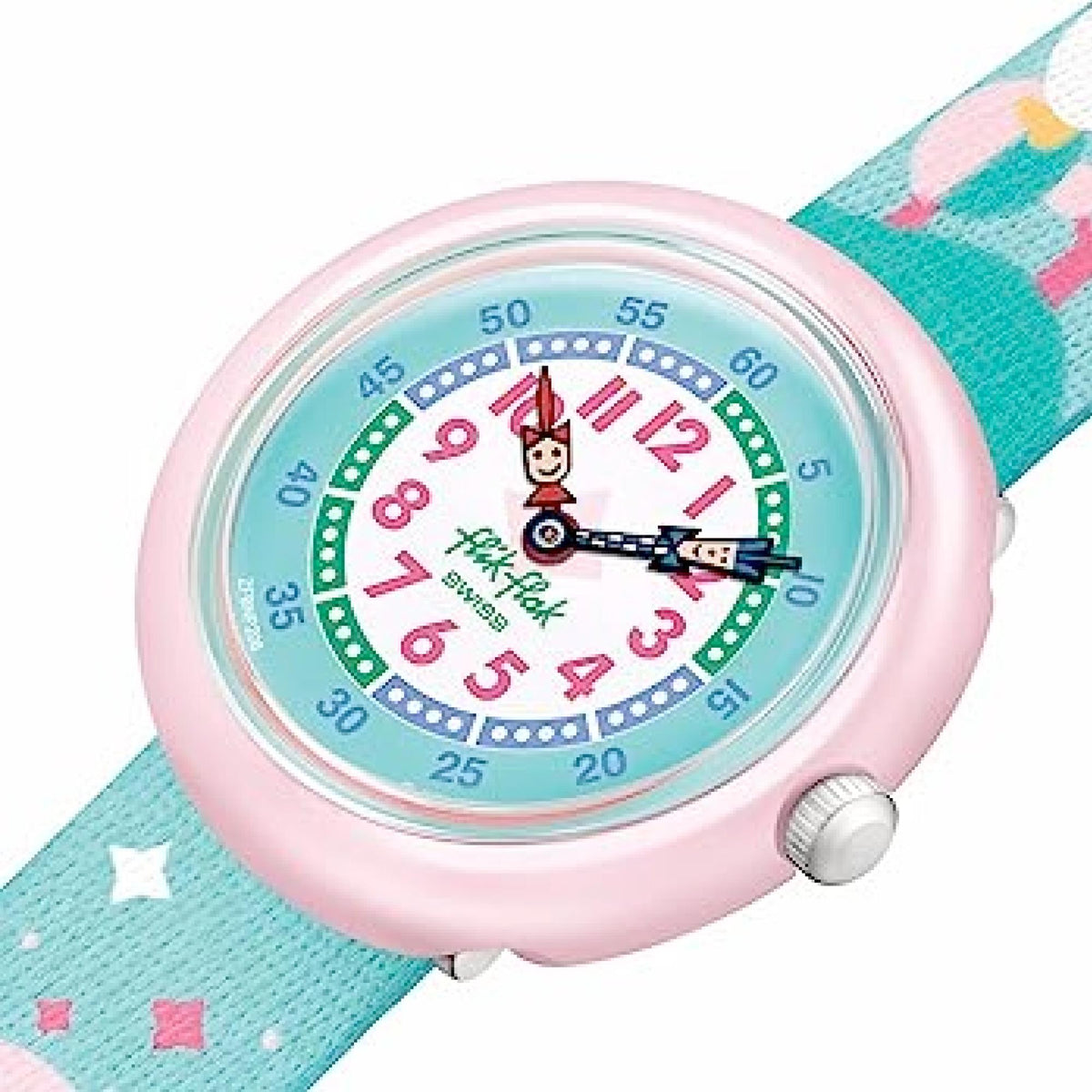 Kids analog wristwatch close-up with pink bezel and teal fabric strap, rainbow numerals dial