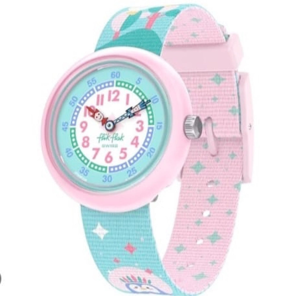 Kids analog wristwatch with pink bezel, patterned blue strap, unicorn dial and pink back
