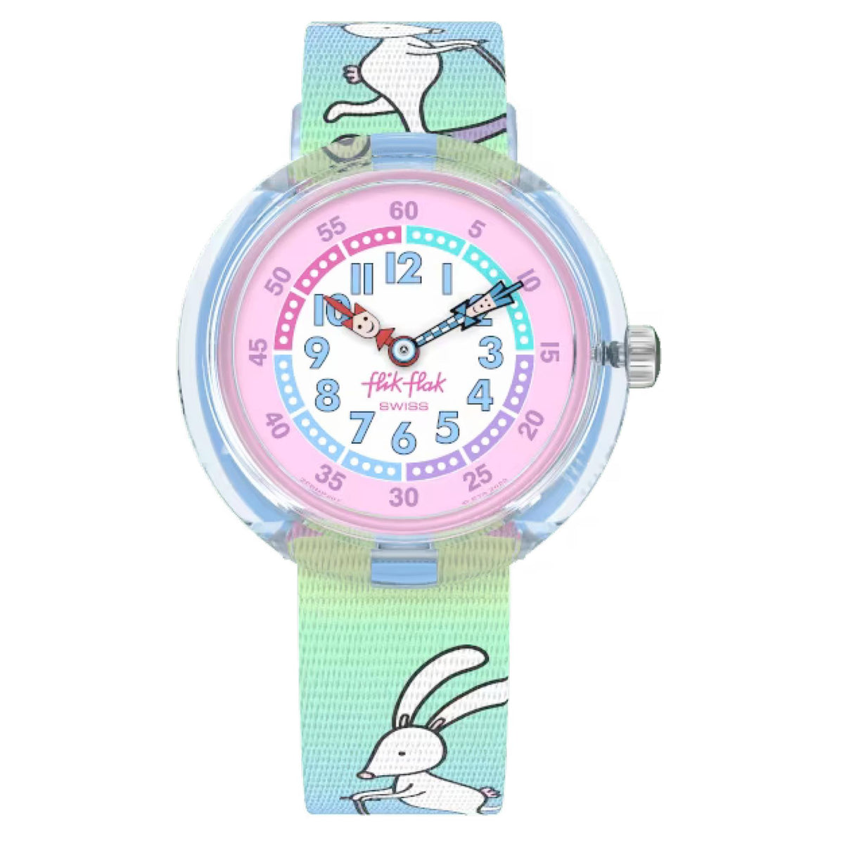 Round kids wristwatch with light green bunny-print strap and pastel pink-blue dial