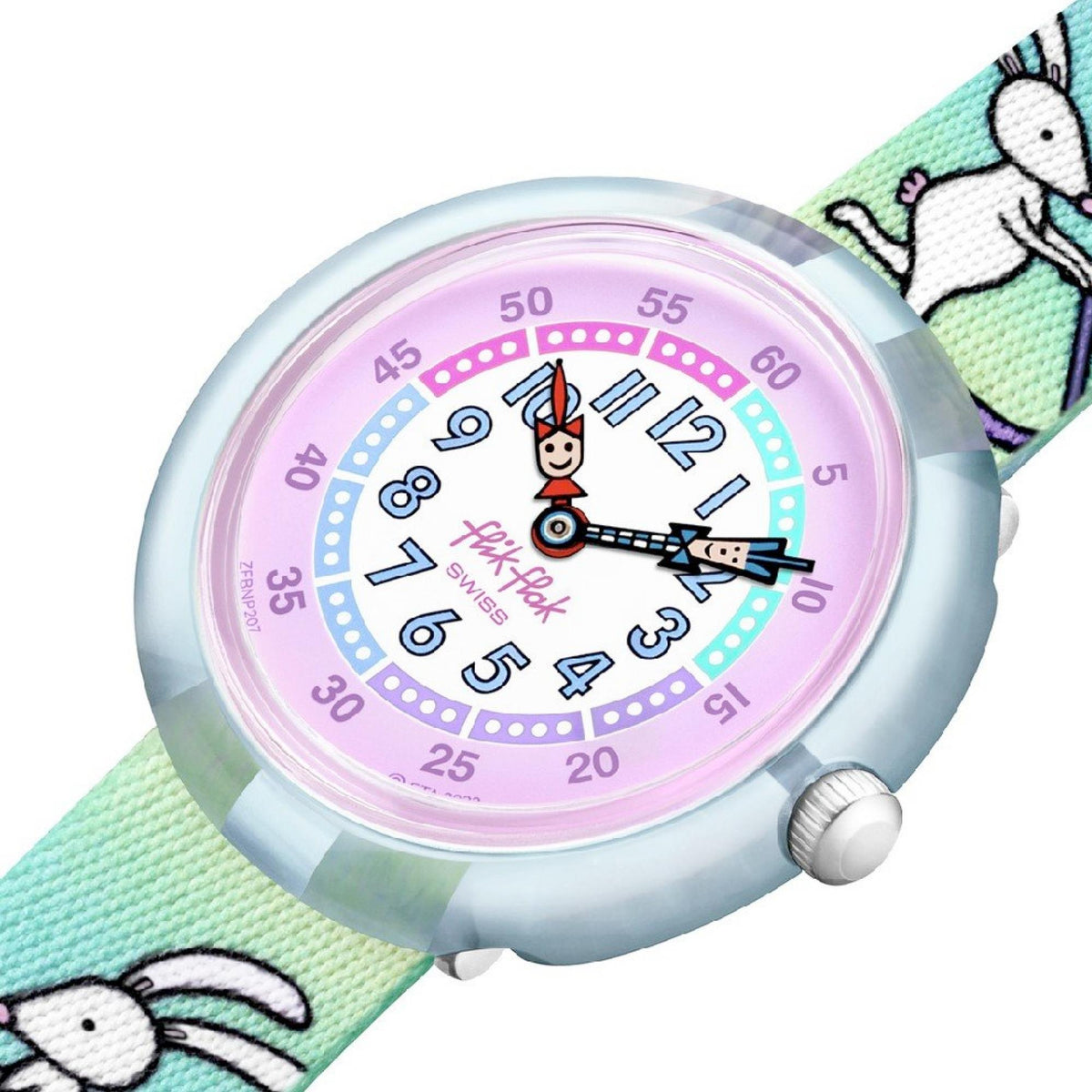 Close-up of pastel kids watch face with bunny-themed details and 5-55 numerals