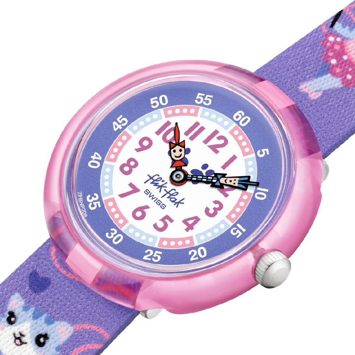 Flik Flak kids watch close-up, cat dial with rocket hands, purple strap and pink bezel