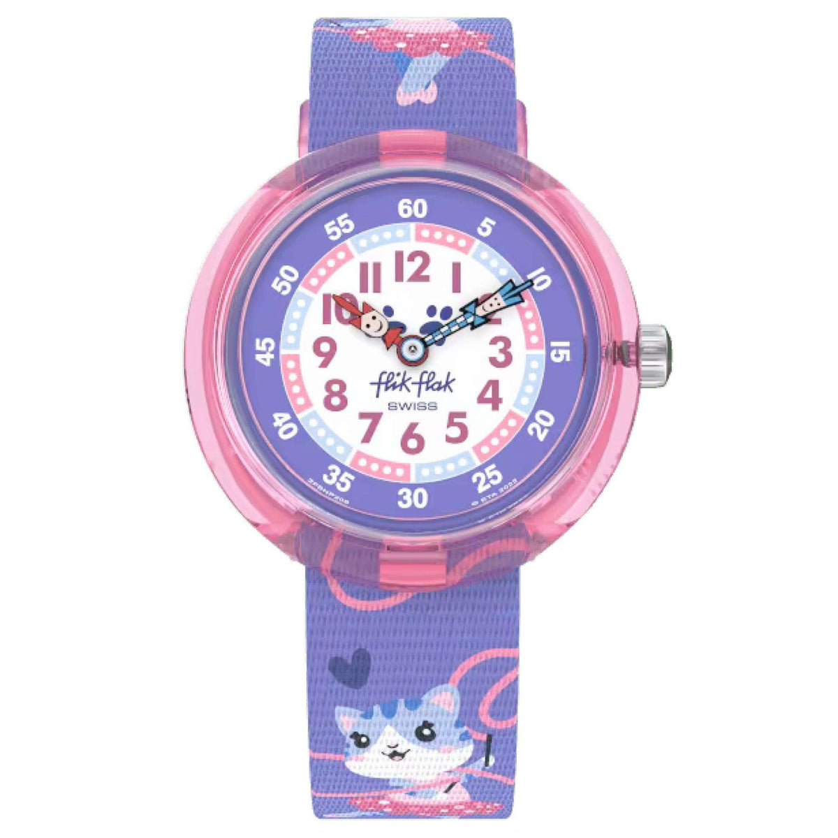 Flik Flak kids watch with round dial, pink case ring, dark blue strap with cat design