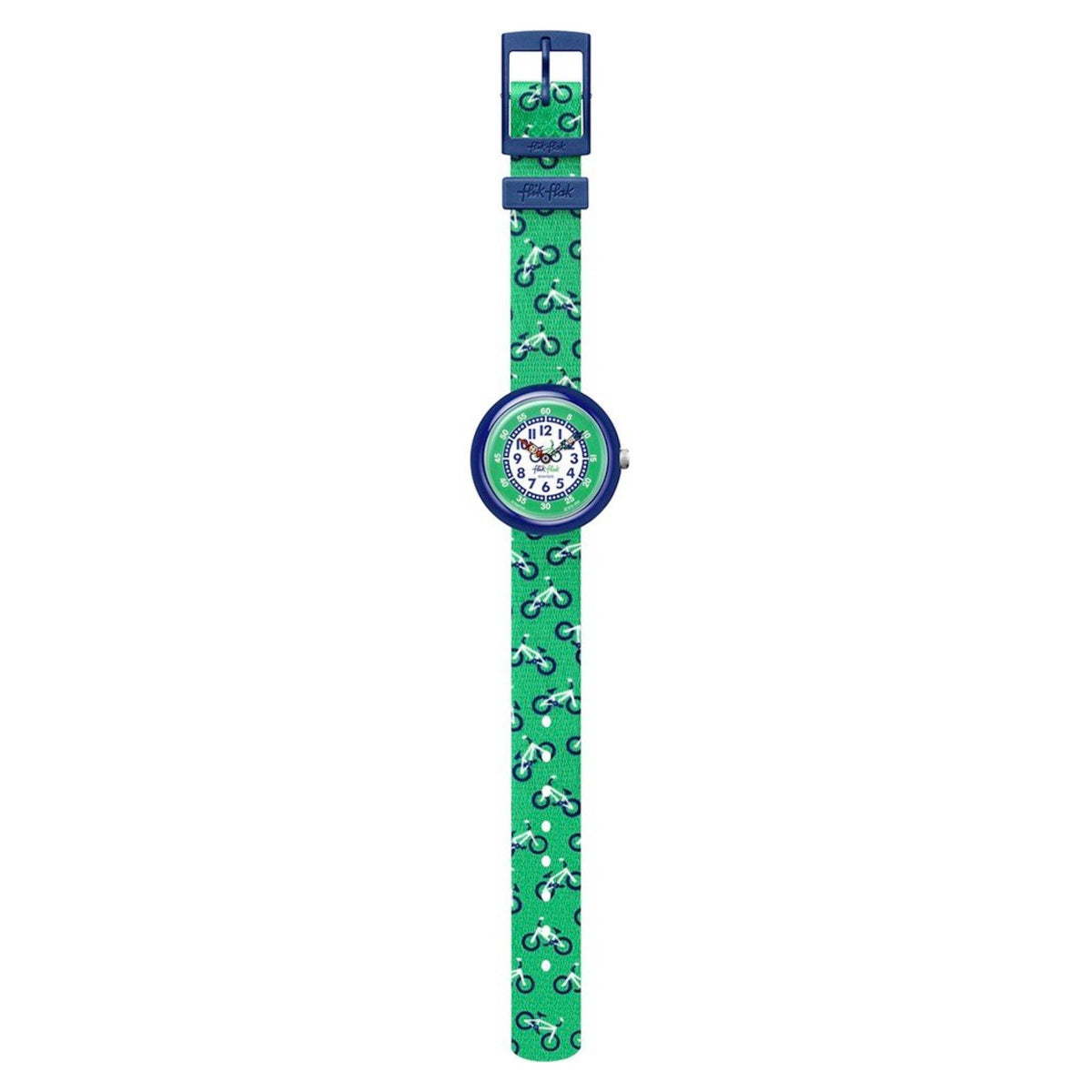 Flik Flak kids watch with green bicycle-pattern strap and small round blue dial