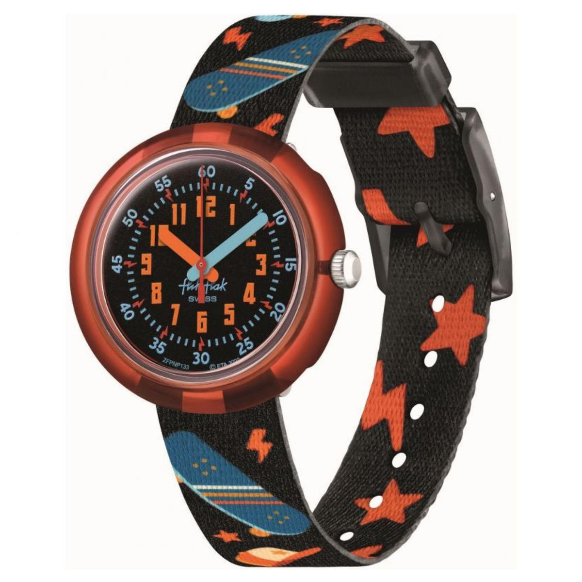 Sports round watch with orange bezel, black strap with orange stars and blue blocks