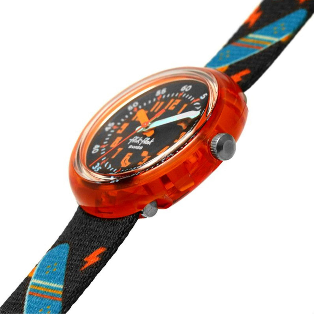 Close view of orange watch face and black fabric strap with blue and orange accents