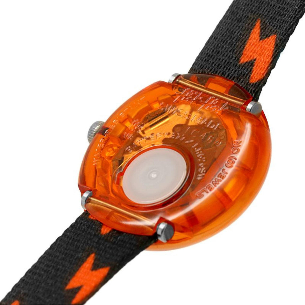 Close-up of orange watch case back with black strap showing orange stars and blue details