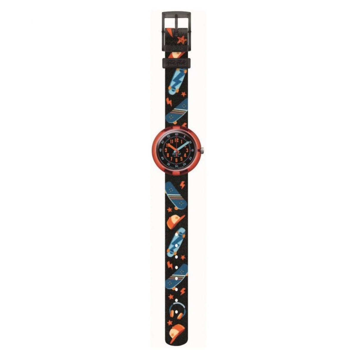 Tall product view: sports watch with orange round dial and black strap with blue-orange print