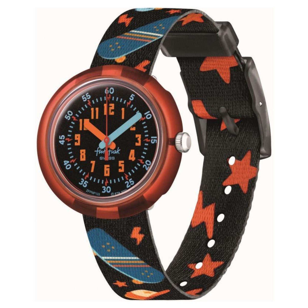 Round sports watch with orange case and black patterned strap with blue and orange motifs