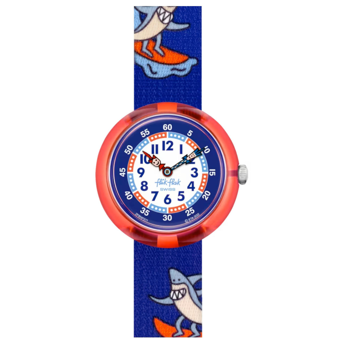 Kids analog watch with orange bezel and blue cartoon dial on patterned blue strap