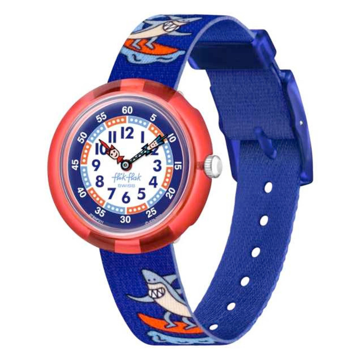 Kids analog watch showing blue buckle and strap holes, orange bezel, blue dial