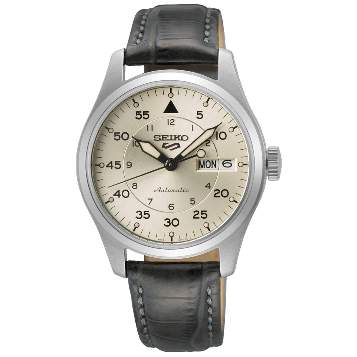 Seiko 5 Sports pilot watch with champagne dial, black leather strap, stainless case, crown