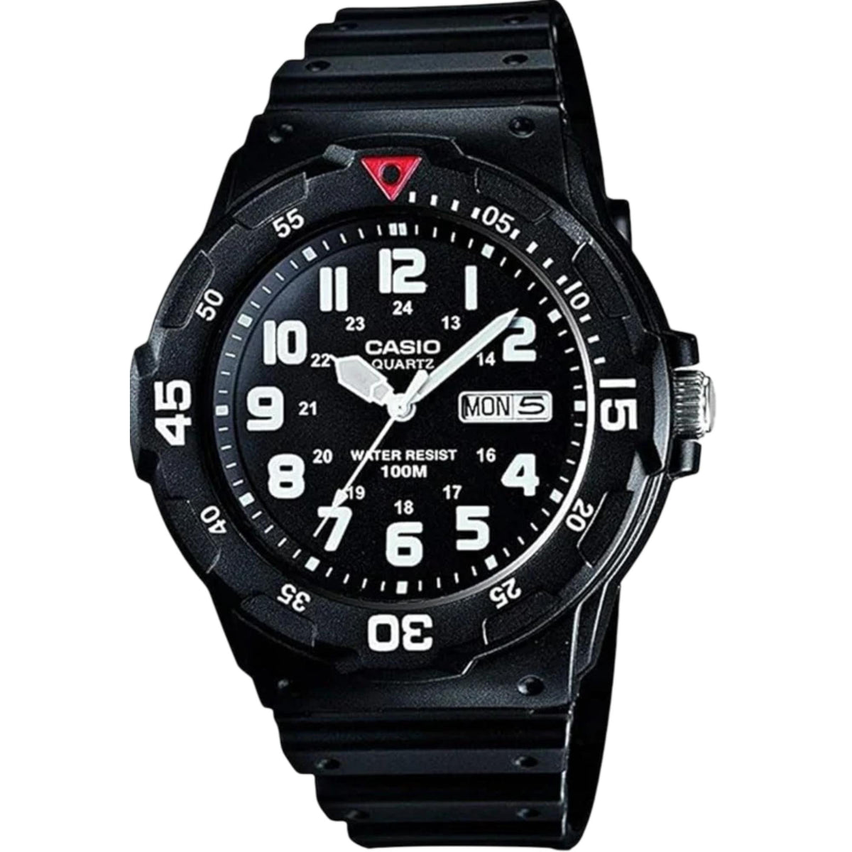 Men's sports watch with black dial, day-date window, and black resin strap