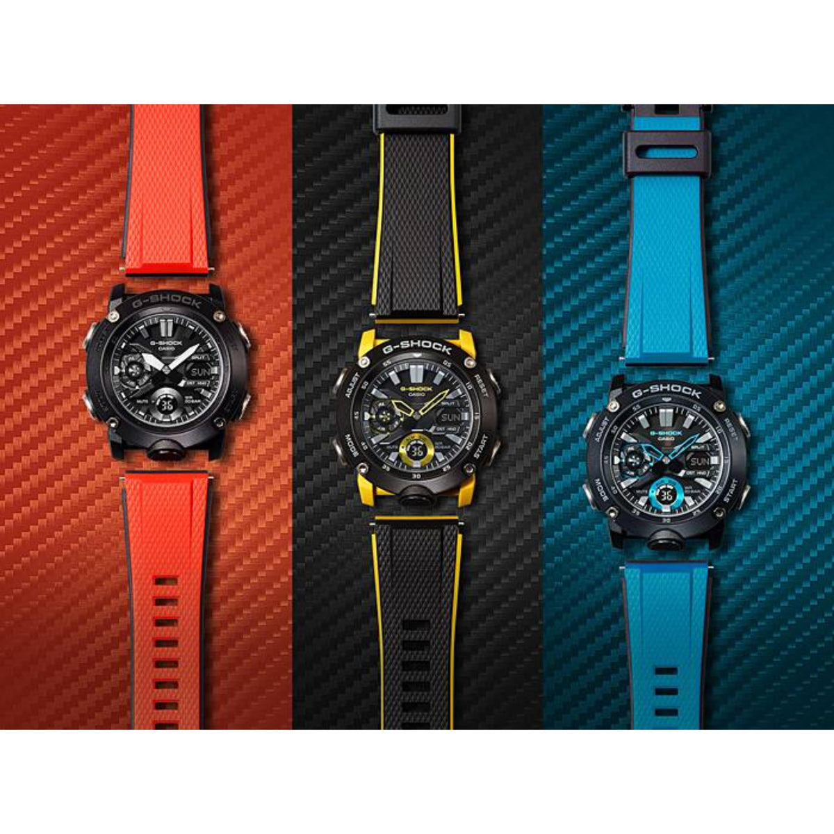 Four men's G-Shock watches side-by-side, black dials with red, yellow, and blue resin straps