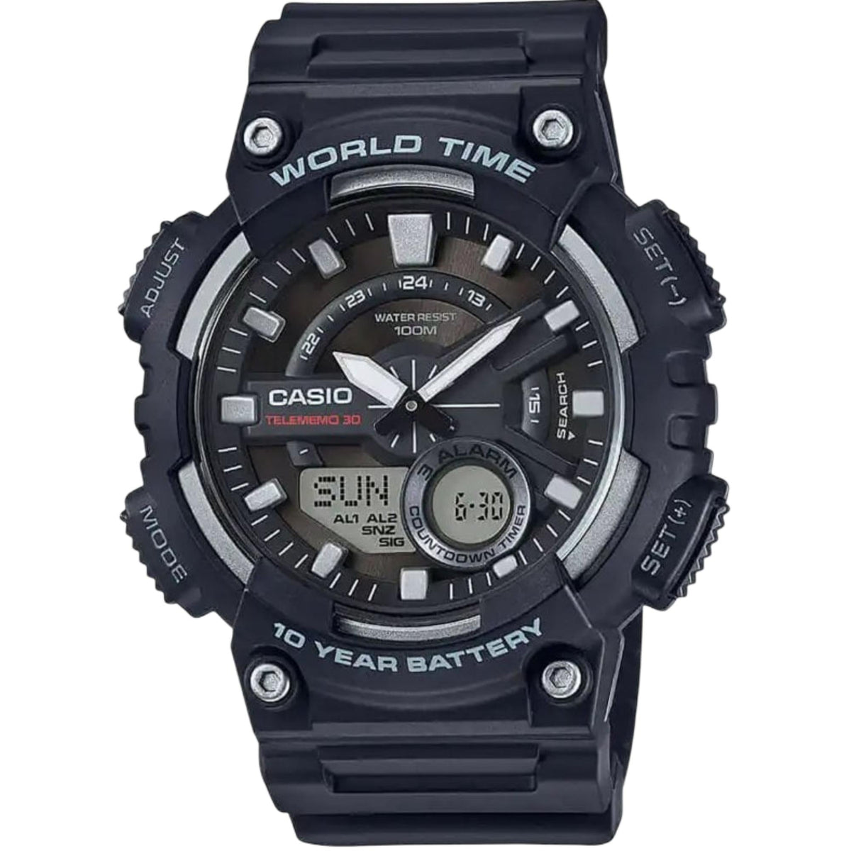 Black dial men's wristwatch with world time bezel, analog hands, digital time window