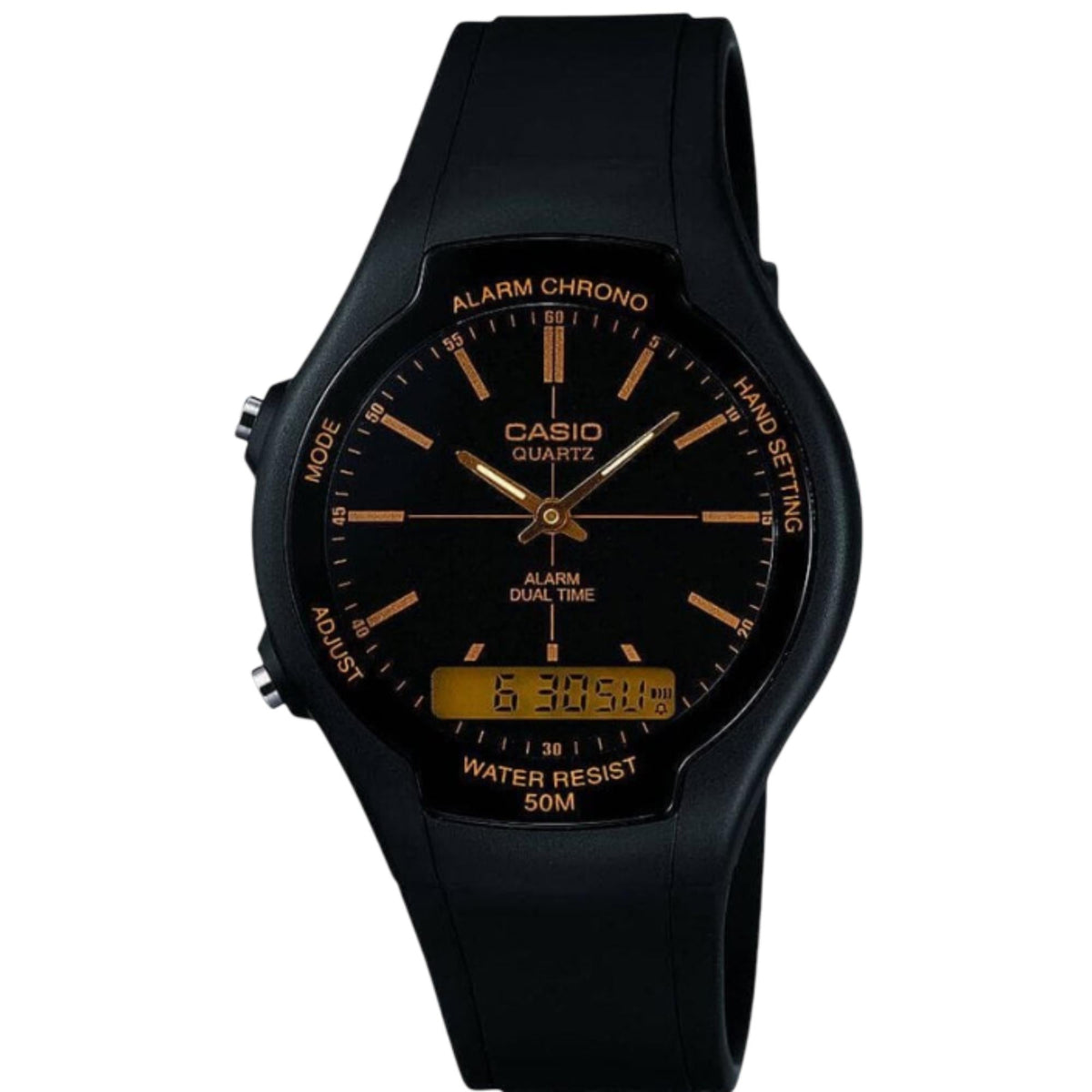 Casio Collection AW-90H-9EVEF full front perspective featuring black dial with dual time layout and resin strap